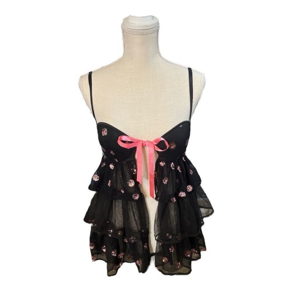 Victoria's Secret Sexy Little Things Black with Pink Sequins Babydoll . 34C